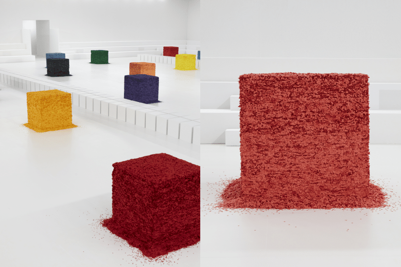 意大利藝術家 Lara Favaretto 用上近 10 噸彩色紙碎製創作的 21 個立方體