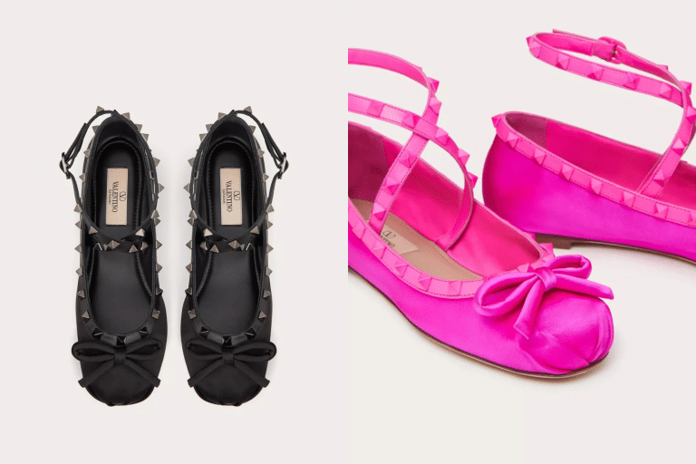 Valentino 全新芭蕾舞鞋，首推 Tone-on-Tone 的芭比粉 Pink PP，低調型格則有黑色選擇，還有柔美浪漫的淡粉紅色調