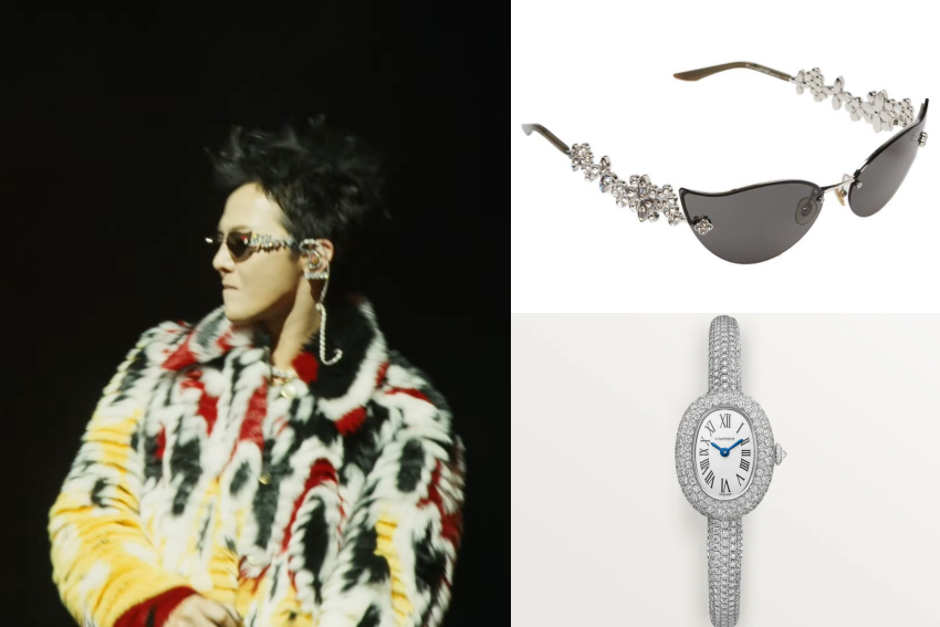 Close-up of G-Dragon's Louis Vuitton sunglasses and Cartier watch