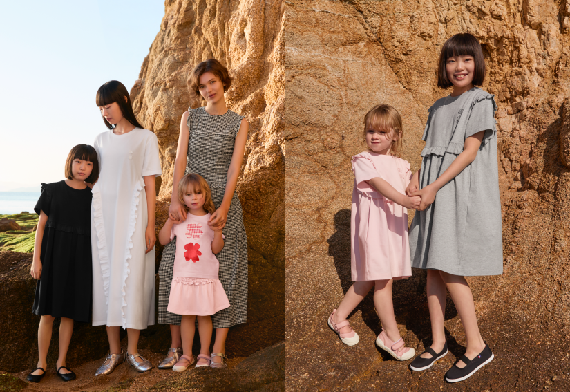 优衣库 x Cecilie Bahnsen 童装展示图，示范亲子搭配风格